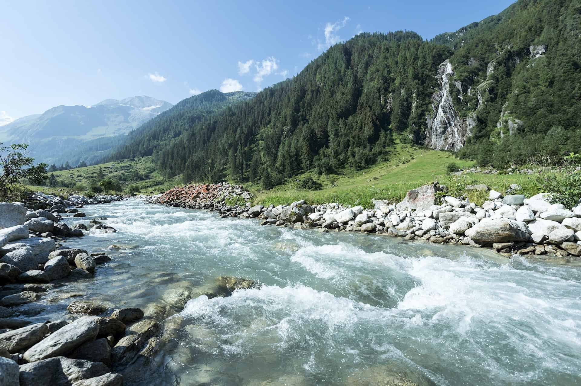 Zomer in de Wildkogel Arena: Wildstromende bergbeek tussen groene alpenweiden en dichte bossen – natuurbeleving en wandelplezier in Nationaal Park Hohe Tauern.